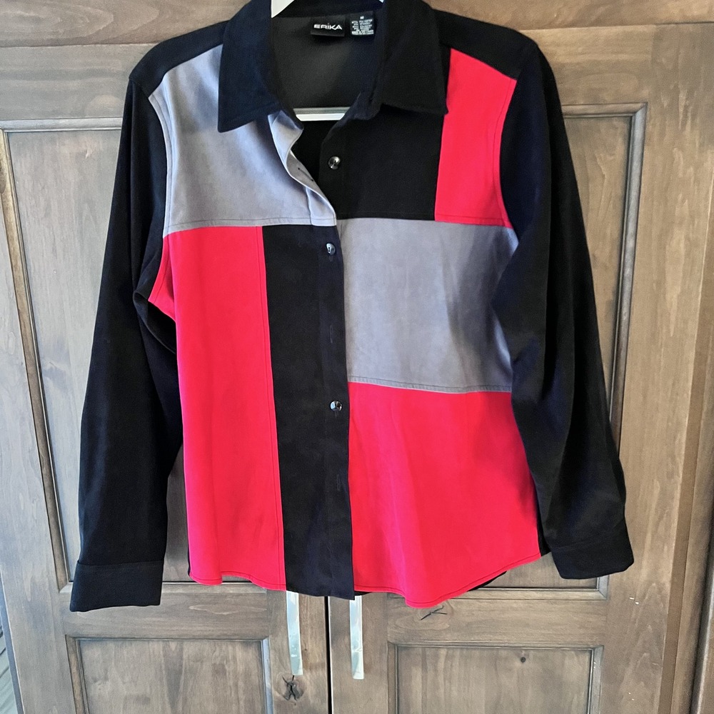 Erika-Faux Suede Colorblock Blk./Red/Gray Long Sleeve Shirt Size M‎